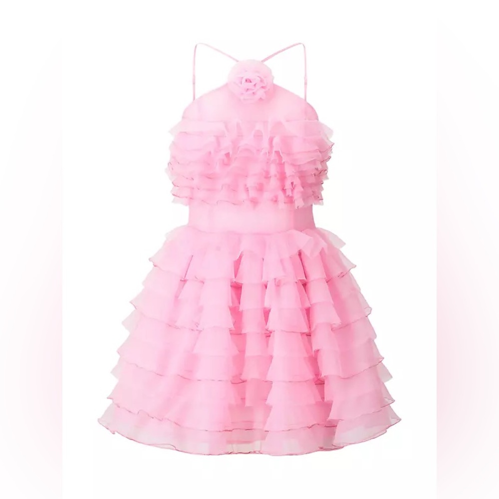 $595 STAUD Florian Ruffle Tiered Halter Mini Dress 💗 - Picture 3 of 8